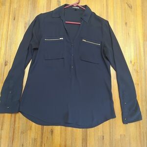 Express Women's Navy Blouse, Gold Double Zippers, Roll Sleeve